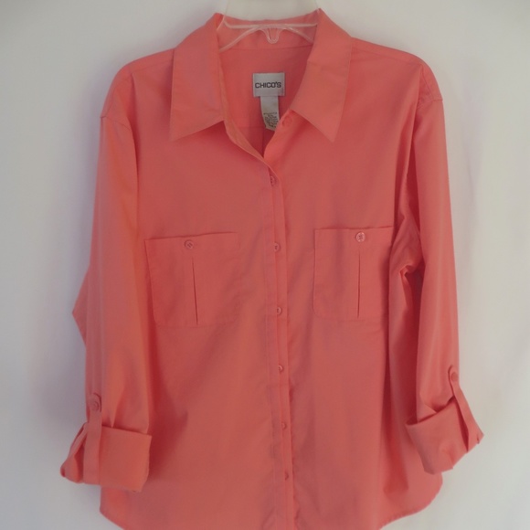 Chico's Tops Chicos Coral Tab Sleeve Button Up Blouse Size 2 Poshmark